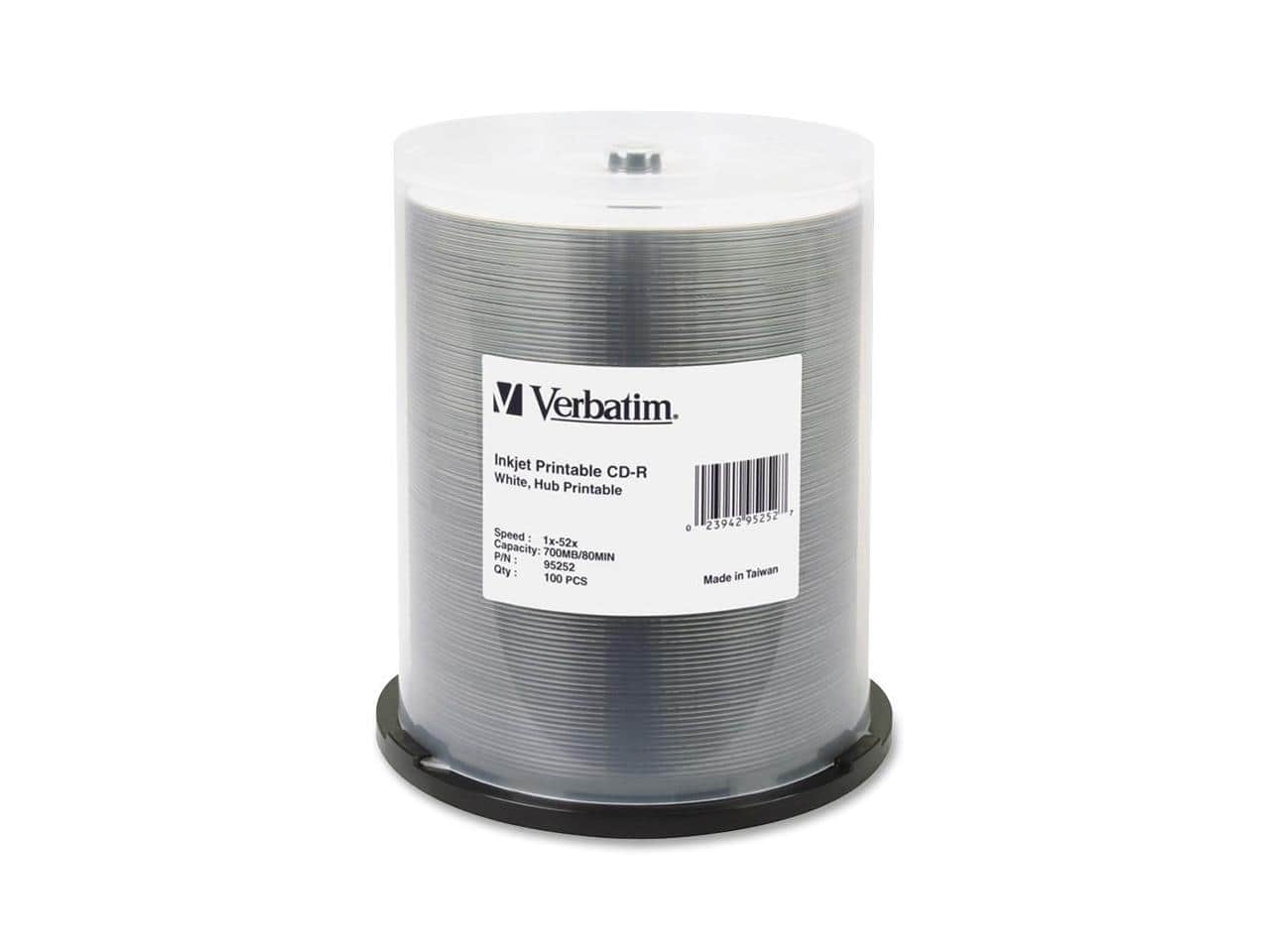 Verbatim  
Inkjet Printable CD-R White, Hub Printable  
Speed: 1x-52x  
Capacity: 700MB/80MIN  
P/N: 95252  
Qty: 100 PCS  
Made in Taiwan