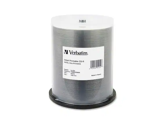 Verbatim
Inkjet Printable CD-R White, Hub Printable
Speed: 1x-52x
Capacity: 700MB/80MIN
P/N: 95252
Qty: 100 PCS
Made in Taiwan