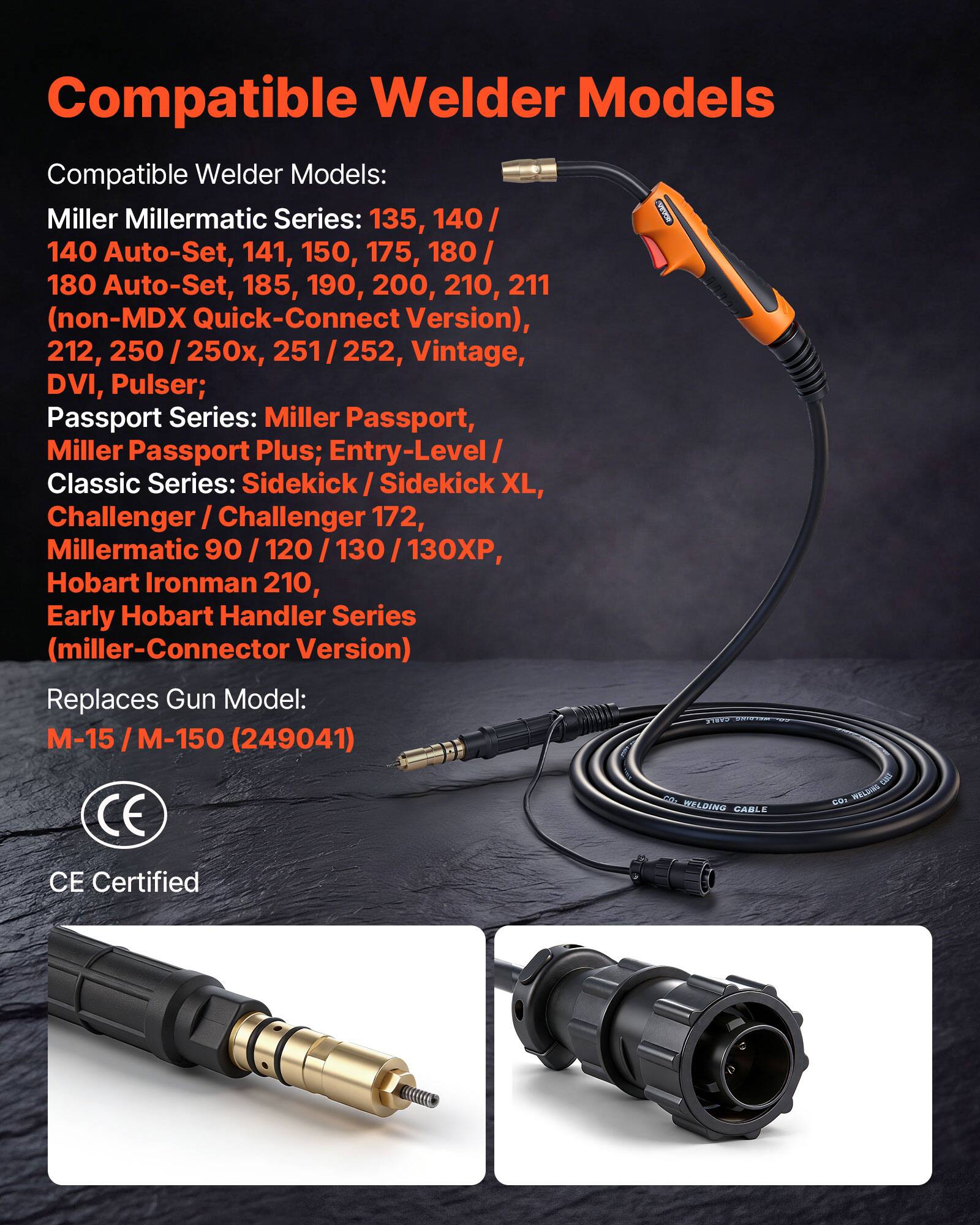 Compatible Welder Models

Compatible Welder Models:
Miller Millermatic Series: 135, 140 / 140 Auto-Set, 141, 150, 175, 180 / 180 Auto-Set, 185, 190, 200, 210, 211 (non-MDX Quick-Connect Version), 212, 250 / 250x, 251 / 252, Vintage, DVI, Pulser;
Passport Series: Miller Passport, Miller Passport Plus;
Entry-Level Classic Series: Sidekick / Sidekick XL, Challenger / Challenger 172, Millermatic 90 / 120 / 130 / 130XP, Hobart Ironman 210, Early Hobart Handler Series (Miller-Connector Version)

Replaces Gun Model: M-15 / M-150 (249041)

CE Certified