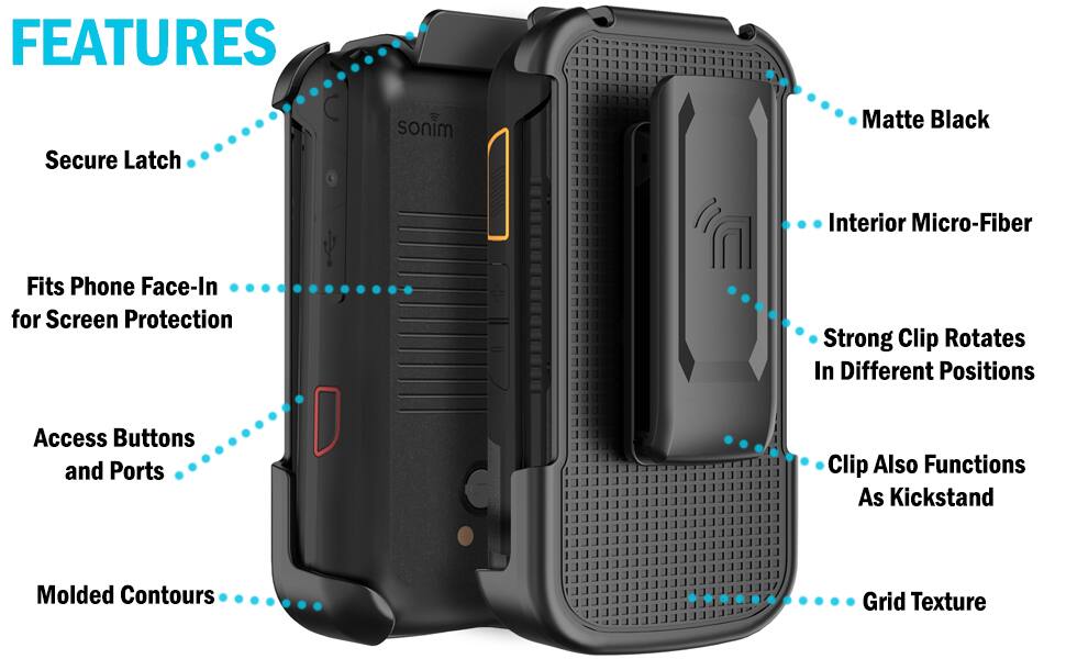 FEATURES
- Secure Latch
- Matte Black
- Interior Micro-Fiber
- Fits Phone Face-In for Screen Protection
- Strong Clip Rotates In Different Positions
- Access Buttons and Ports
- Clip Also Functions As Kickstand
- Molded Contours
- Grid Texture