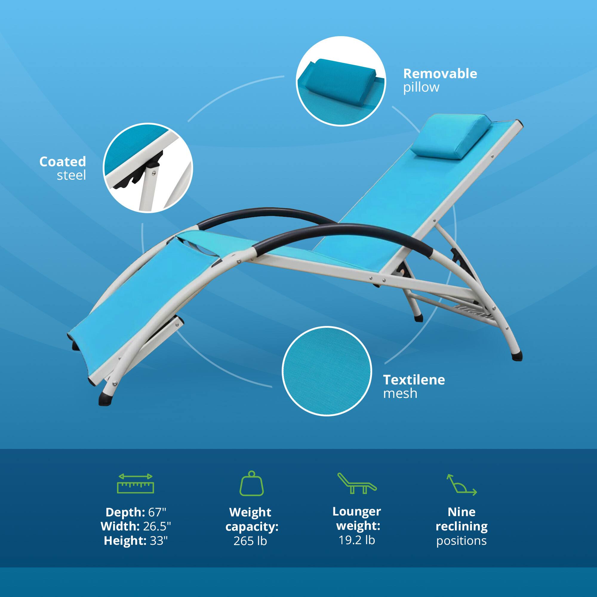 Removable pillow  
Coated steel  
Textilene mesh  
Depth: 67"  
Width: 26.5"  
Height: 33"  
Weight capacity: 265 lb  
Lounger weight: 19.2 lb  
Nine reclining positions