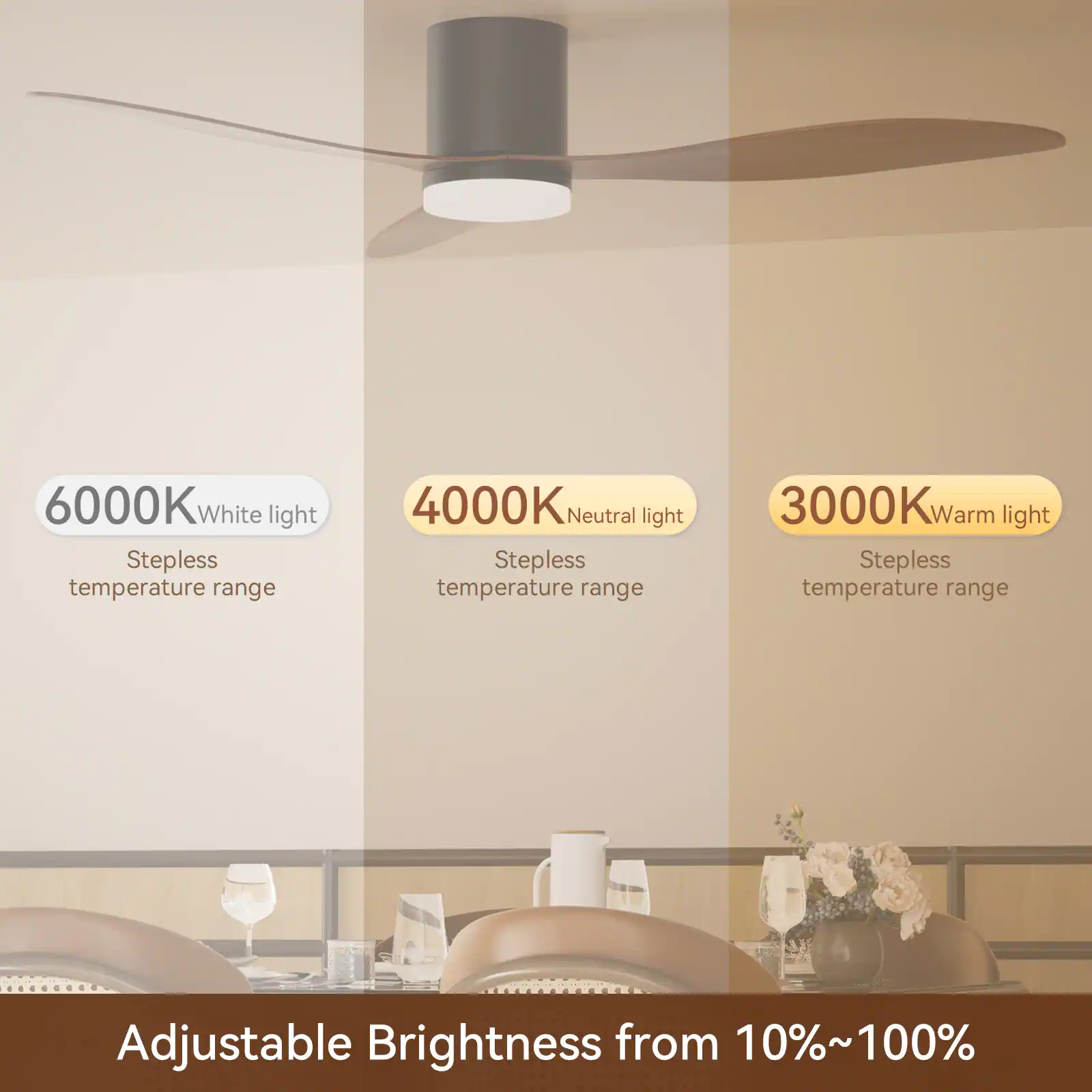 6000K White light  
Stepless temperature range  

4000K Neutral light  
Stepless temperature range  

3000K Warm light  
Stepless temperature range  

Adjustable Brightness from 10%~100%