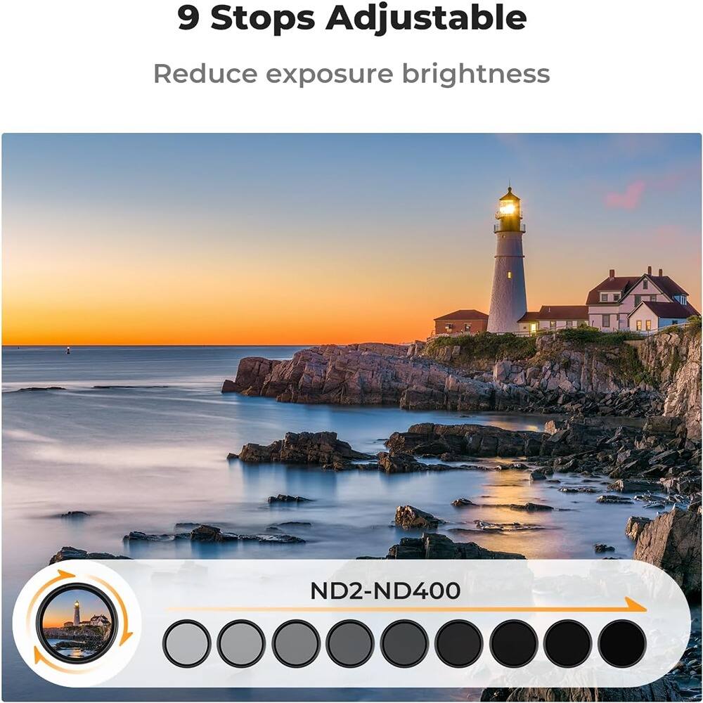 9 Stops Adjustable  
Reduce exposure brightness  

ND2-ND400
