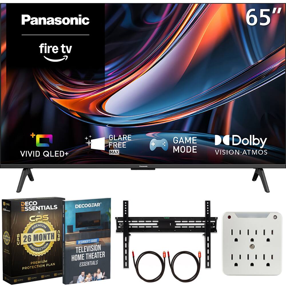 Panasonic  
65"  
fire tv  
VIVID QLED+  
GLARE FREE MAX  
GAME MODE  
Dolby VISION-ATMOS  

DECOGEAR ESSENTIALS  
CPS PREMIUM  
26 MONTH CPS  
BEGINNER'S GUIDE  
TELEVISION HOME THEATER  
ESSENTIALS  
CPS PROTECTION  
CPS COS