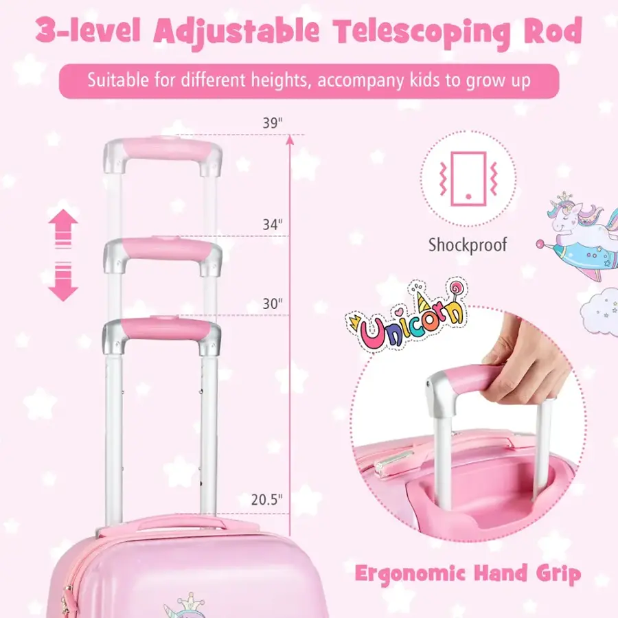 The text on the image is grouped and corrected as follows:

3-level Adjustable Telescoping Rod Suitable for different heights, accompany kids to grow up 39" 34" 30" Shockproof Unicoro 20.5" Ergonomic Hand Grip