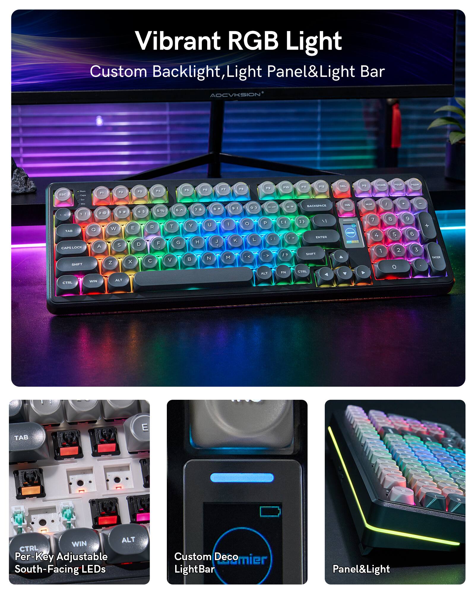 Vibrant RGB Light Custom Backlight, Light Panel & Light Bar

AOCVKSION * 17 P - - - a & . 1 - O W TAB A u PAM LAE SR Z - AL1 CTAL - 1 - 5 = C x rL a % 1 F C - V F1 F1 . . - D I: + 2 + & U I Y J K L G H N M - 2 P .. Y ALY F - - 1 F1 - 1 ... SAFSSPALA 17 1 SNTS IP FBL 4 T5 ME P T ... - 3 - - - 7 B 9 - 4 5 6 - .. 1 2 5 A o e + .... & TAB E ALT WIN CTRL

Per-Key Adjustable South-Facing LEDs Custom Deco Decomier LightBar Panel & Light