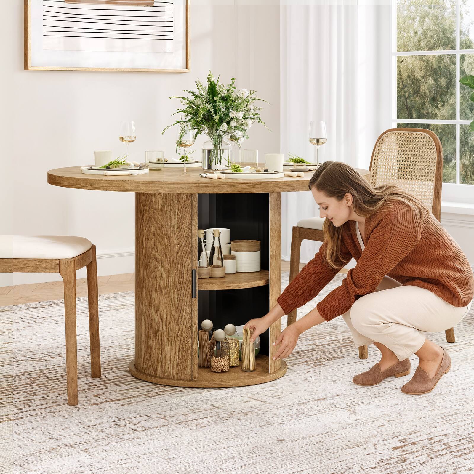 Alt View 4. PexFix - 43" Round Dining Table for 4, Small Wood Kitchen Table with Sturdy Metal Base, Modern for Dining Room/Apartments - Walnut.