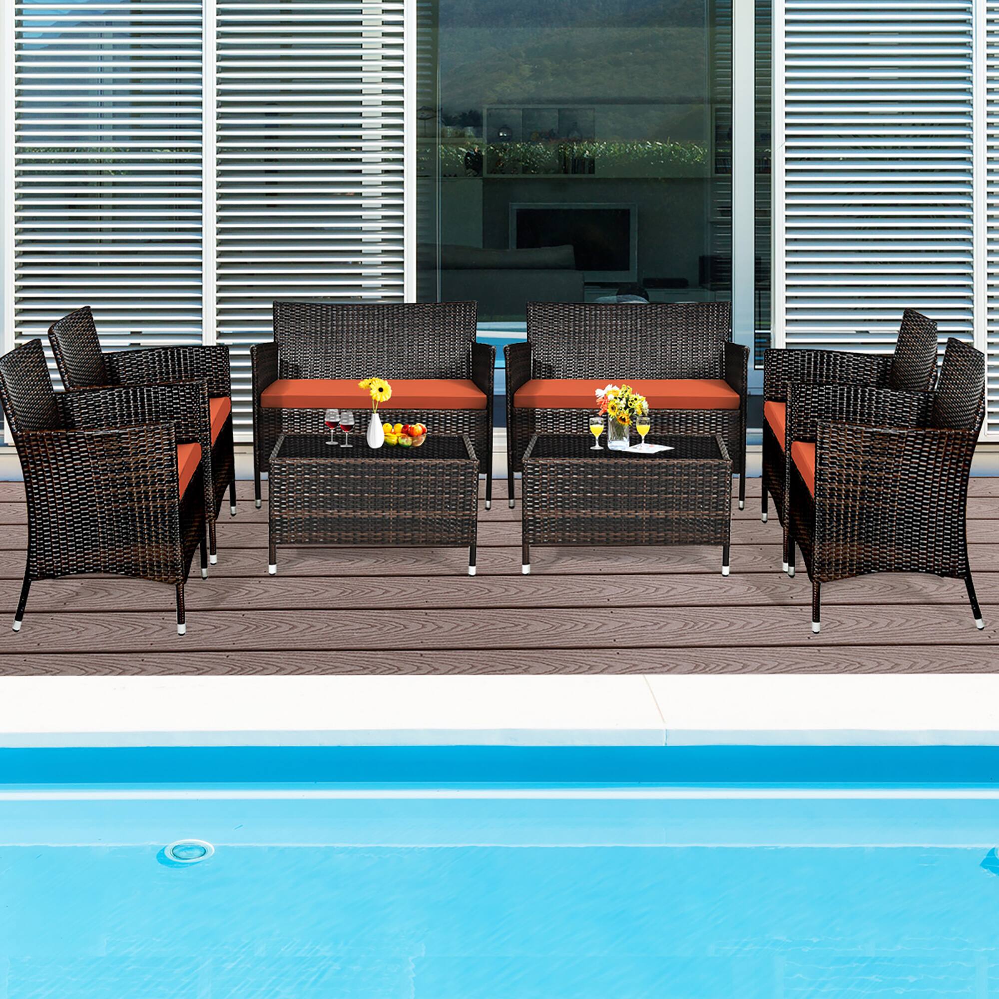 Alt View 1. Gymax - Gymax 8PCS Patio Rattan Conversation Furniture Set Outdoor w/ Orange Cushion - Orange.