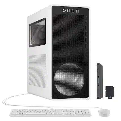 Front. HP OMEN - HP OMEN 16L Gaming Desktop,AMD Ryzen 7 8700F,NVIDIA GeForce RTX 5060,32GB DDR5,2TB SSD+1TB Dock Station,Win 11 Pro,White - White.