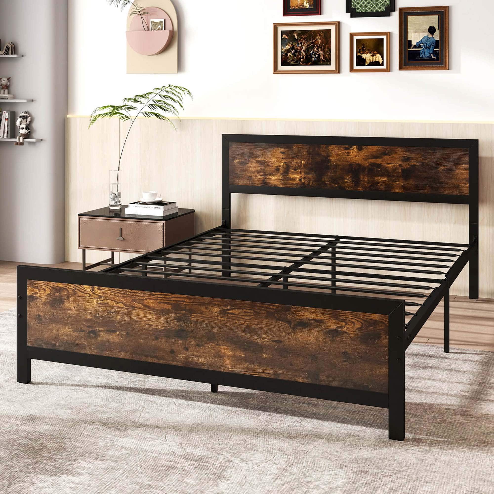 Alt View 2. Costway - Queen Size Metal Bed Frame with Headboard & Footboard Metal Slats Support - Brown.