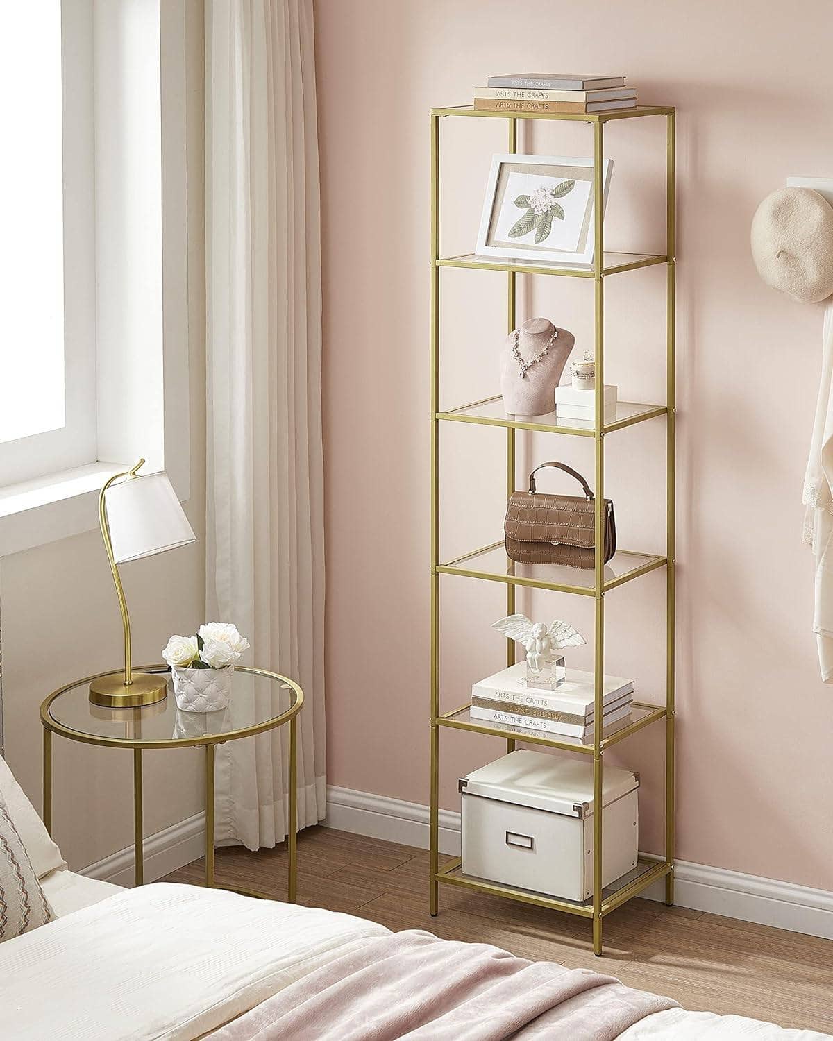 Hivvago - Narrow Glass Shelf Bookcase Bedroom Living Office Bath Storage Unit - Gold