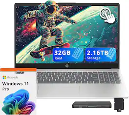 HP - 15.6" HD Touchscreen Laptop,Intel i3-1315U,32GB RAM,2TB SSD+160GB Docking Station Set,Copilot,Win 11 Pro - Silver