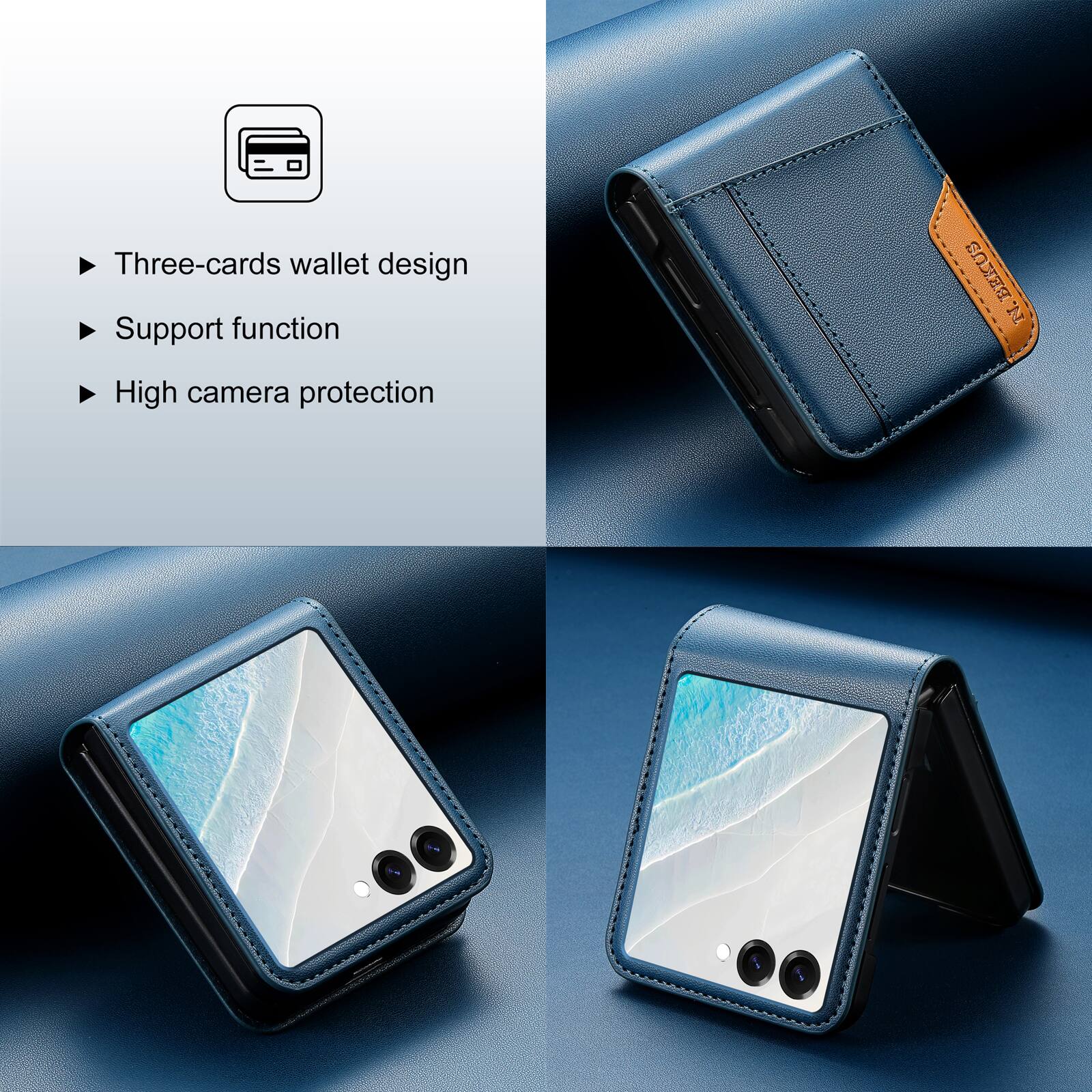 Three-cards wallet design  
Support function  
High camera protection