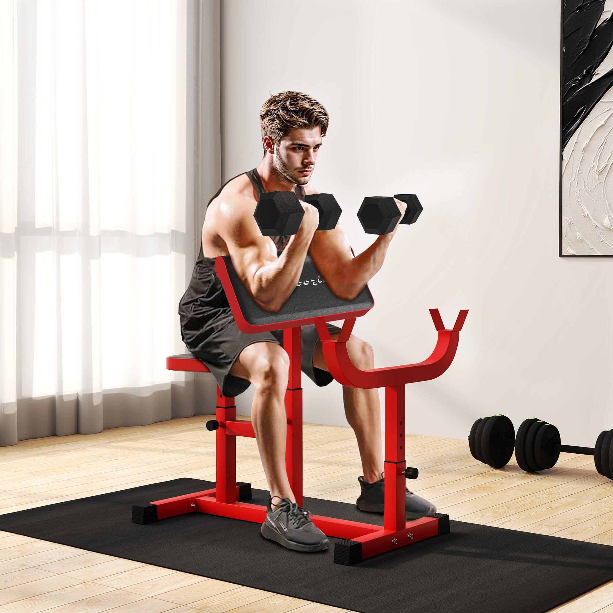 Alt View 1. Soozier - Adjustable Preacher Curl Bench with Brabell Rack, Strength Training Seated Arm Isolated Barbell Dumbbell Bicep Station - Red.