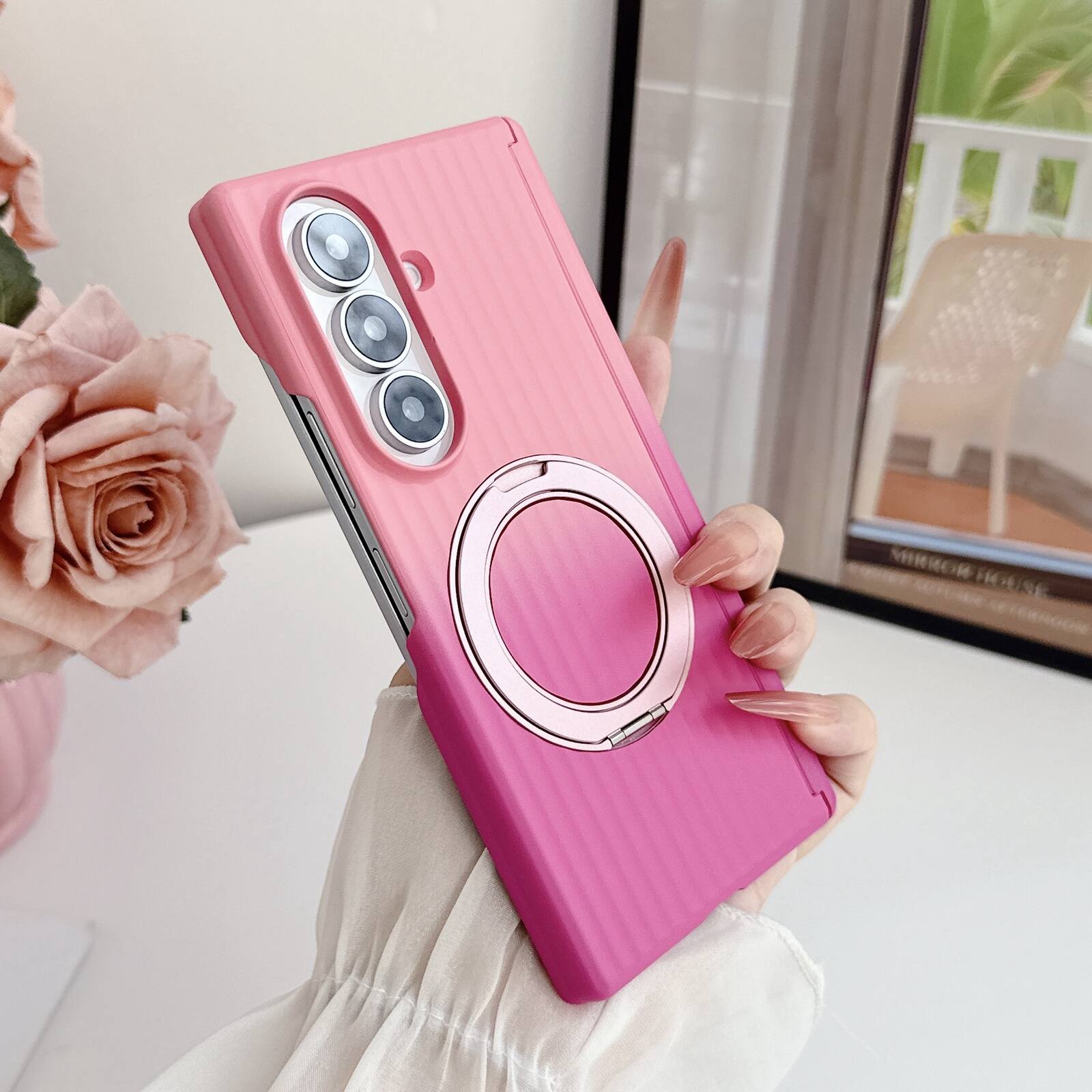 Front. Dteck - Gradient Kickstand Case for Samsung Galaxy Z Fold8 Ultra, Non-Slip Hard PC Back Cover, Qi Wireless Charging Hard Cover - Pink/Rose.