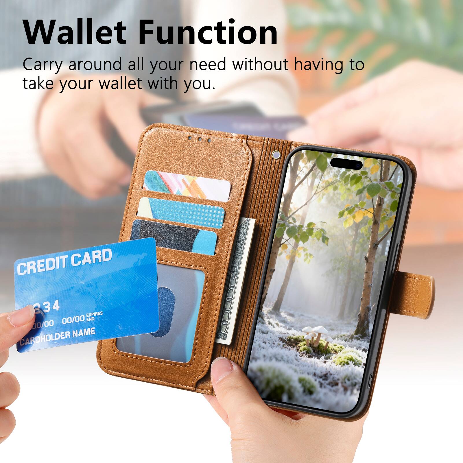 Wallet Function  
Carry around all your needs without having to take your wallet with you.

CREDIT CARD  
234 4  
EXPIRES 00/00  
END 00/00  
CARDHOLDER NAME