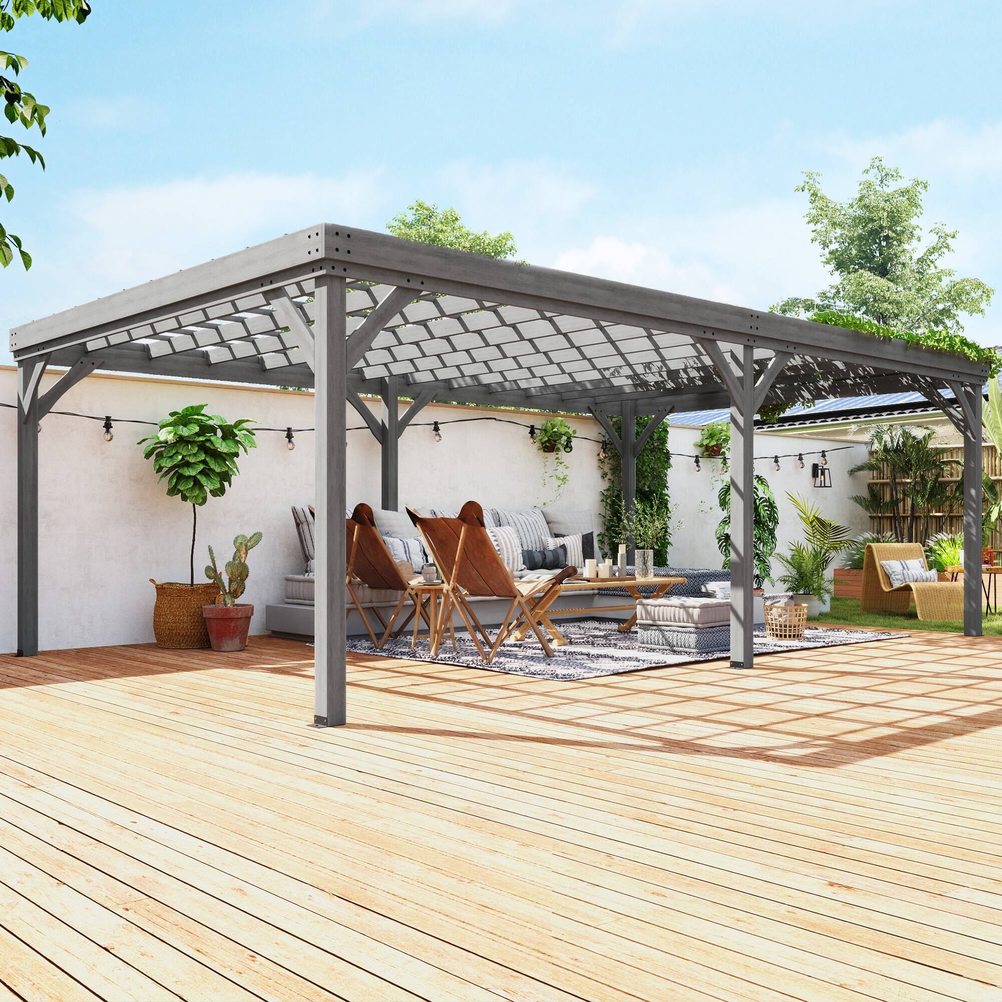 Angle. Outsunny - 12' x 20' Outdoor Pergola, Wood Gazebo Grape Trellis with Concrete Anchors for Climbing Plant Support - Gray.