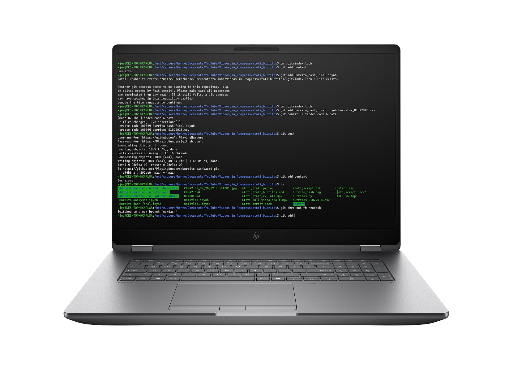 kjee@DESKTOP-HCNRLBA:~/mnt/Users/Kenne/Documents/YouTube/Videos_in_Progress/atoti_burritos$ git add content

kjee@DESKTOP-HCNRLBA:~/mnt/Users/Kenne/Documents/YouTube/Videos_in_Progress/atoti_burritos$ git add burrito_dash_final.ipynb

fatal: Unable to create '/mnt/Users/Kenne/Documents/YouTube/Videos_in_Progress/atoti_burritos/.git/index.lock': File exists.

Another git process seems to be running in this repository, e.g.
another 'git push'. Please make sure all processes are terminated then try again. If it still fails, a git process may have crashed in this repository earlier:
remove the file manually to continue.

kjee@DESKTOP-HCNRLBA:~/mnt/Users/Kenne/Documents/YouTube/Videos_in_Progress/atoti_burritos$ git add burritos_01022828.csv

kjee@DESKTOP-HCNRLBA:~/mnt/Users/Kenne/Documents/YouTube/Videos_in_Progress/atoti_burritos$ git commit -m "added code & data"

main 4291b49] added code & data
 2