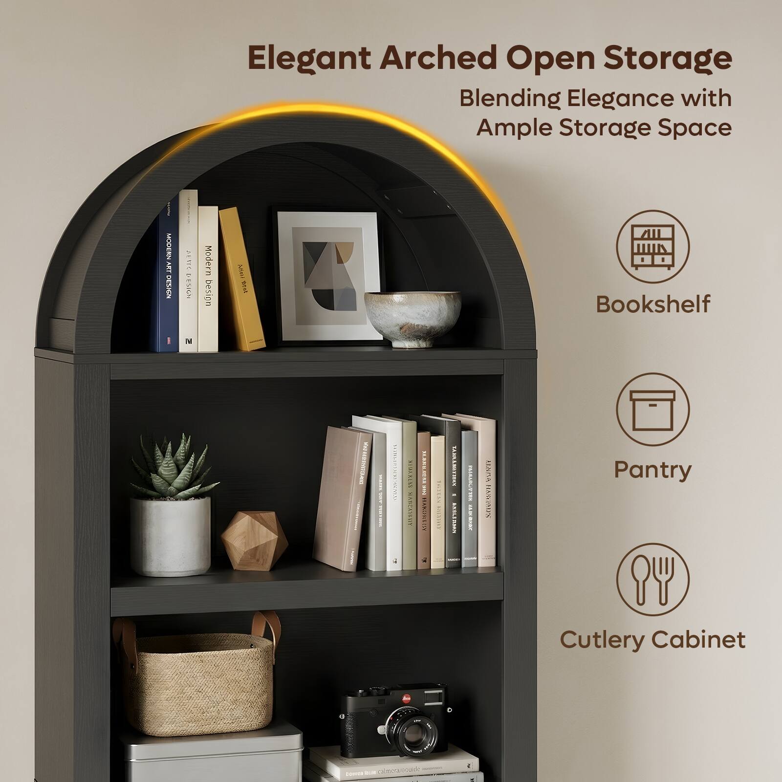 Elegant Arched Open Storage  
Blending Elegance with Ample Storage Space

- Bookshelf
- Pantry
- Cutlery Cabinet