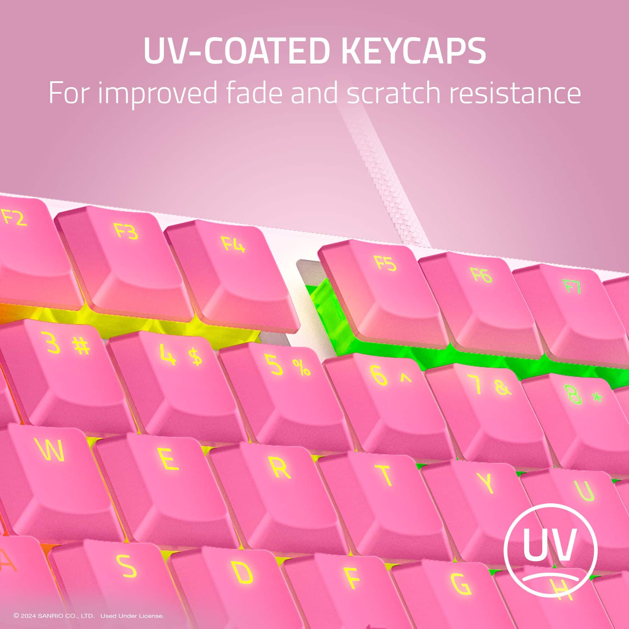 UV-coated keycaps for improved fade and scratch resistance. F2, F3, F4, F5, F6, F7, 3, #, 4, $ and 5% are some of the keycaps. The keyboard also has 6, 7, 7 & 8, *, W, E, A, S, and 2004 SANHIO CO., LTD. Used Lindeer License. R&D FT Y G UV.