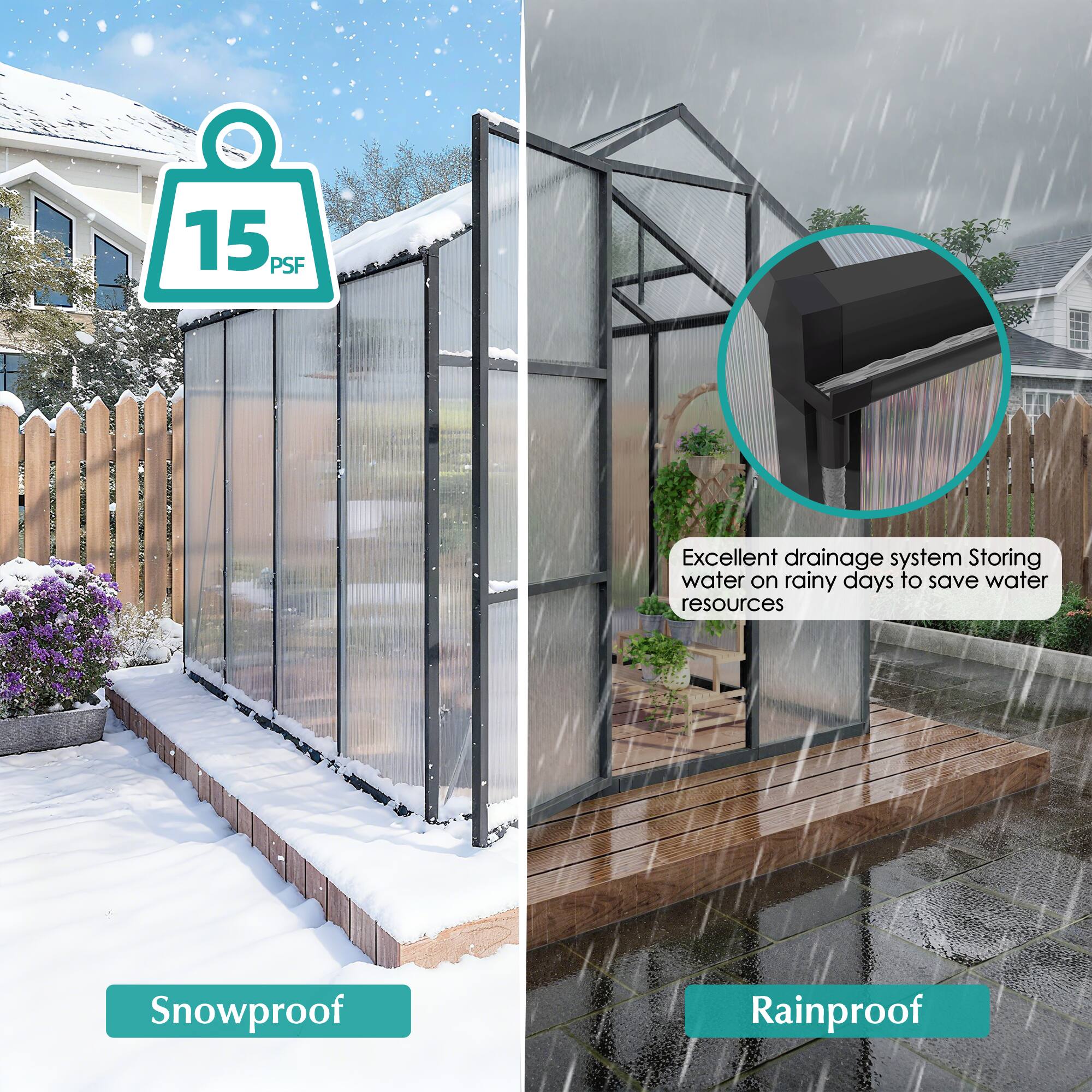 15 PSF  
Excellent drainage system  
Storing water on rainy days to save water resources  
Snowproof  
Rainproof