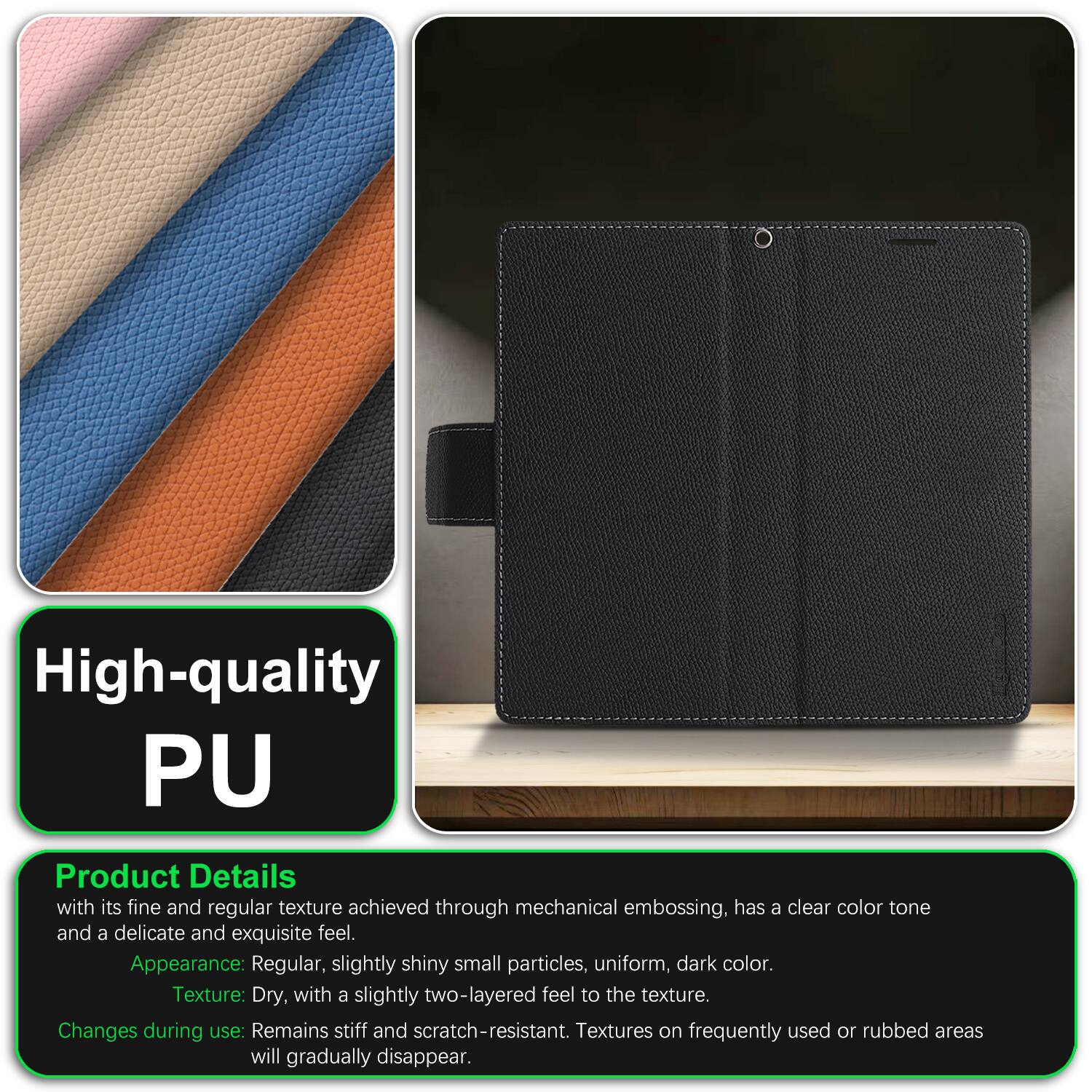 High-quality PU

Product Details

with its fine and regular texture achieved through mechanical embossing, has a clear color tone and a delicate and exquisite feel.

Appearance: Regular, slightly shiny small particles, uniform, dark color.

Texture: Dry, with a slightly two-layered feel to the texture.

Changes during use: Remains stiff and scratch-resistant. Textures on frequently used or rubbed areas will gradually disappear.
