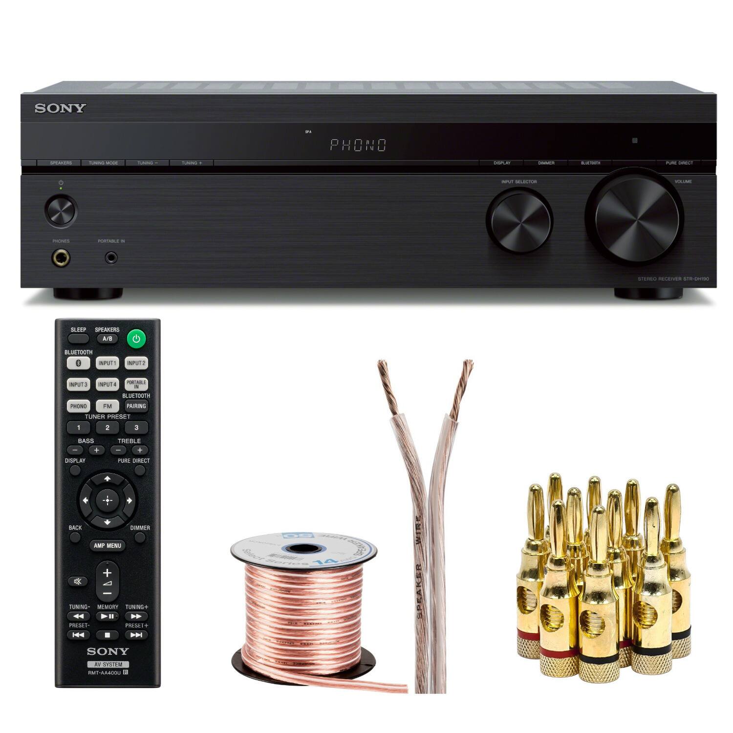 SONY PHONO

STEREO RECEIVER STR-4500

PHONO

SLEEP SPEAKERS

A/B

BLUETOOTH

INPUT1

INPUT2

INPUT3

PHONO

FM

BLUETOOTH

TUNER PRESET

BASS

TREBLE

DISPLAY

PURE DIRECT

BACK

DIMMER

AMP MENU

TUNING

MEMORY

TUNING

PRESET-

PRESET+

SONY

RMT-AA080U