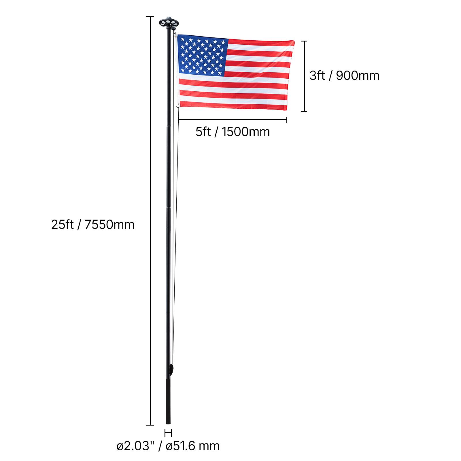 3ft / 900mm  
5ft / 1500mm  
25ft / 7550mm  
Ø2.03" / Ø51.6 mm