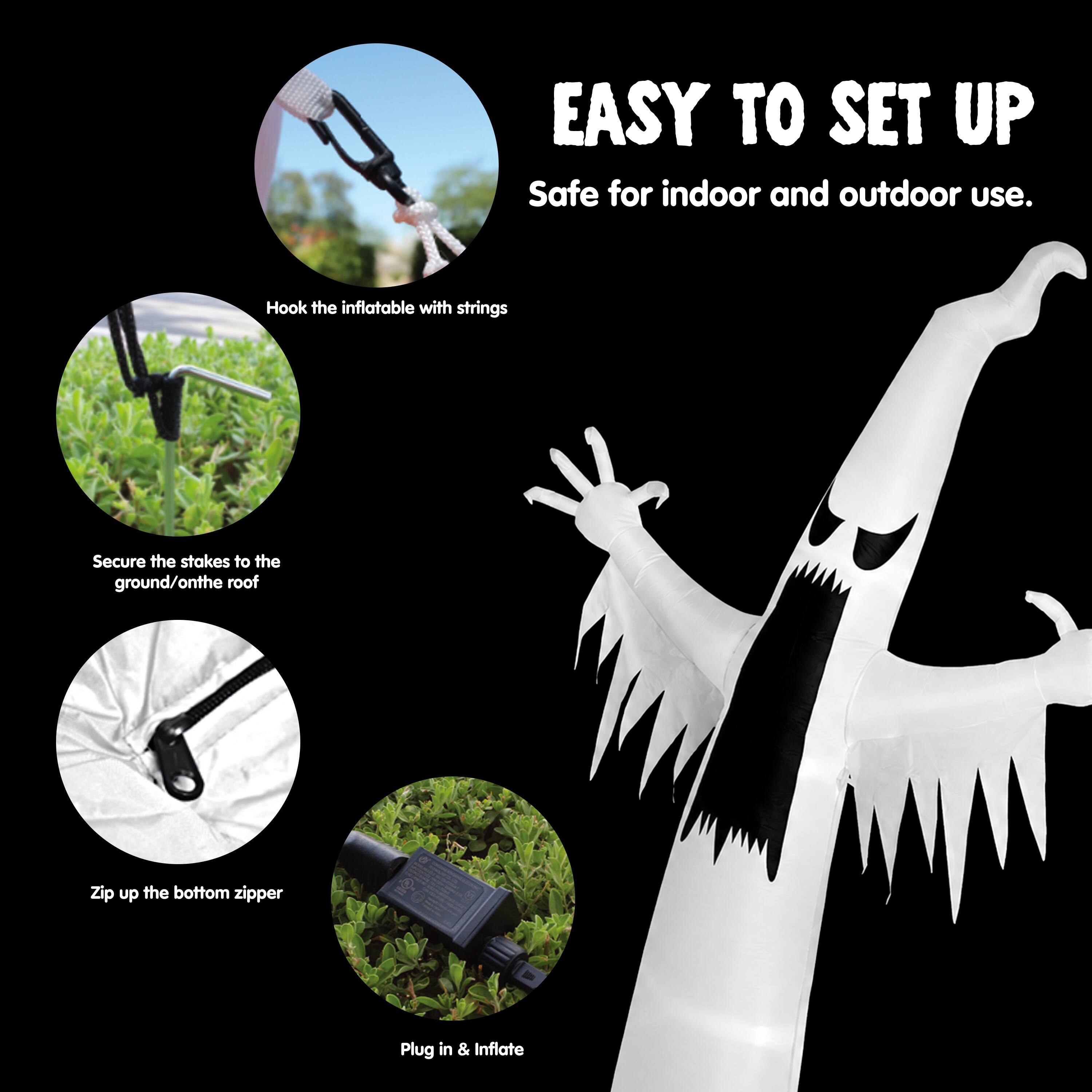 EASY TO SET UP  
Safe for indoor and outdoor use.  
1. Hook the inflatable with strings  
2. Secure the stakes to the ground/on the roof  
3. Zip up the bottom zipper  
4. Plug in & Inflate