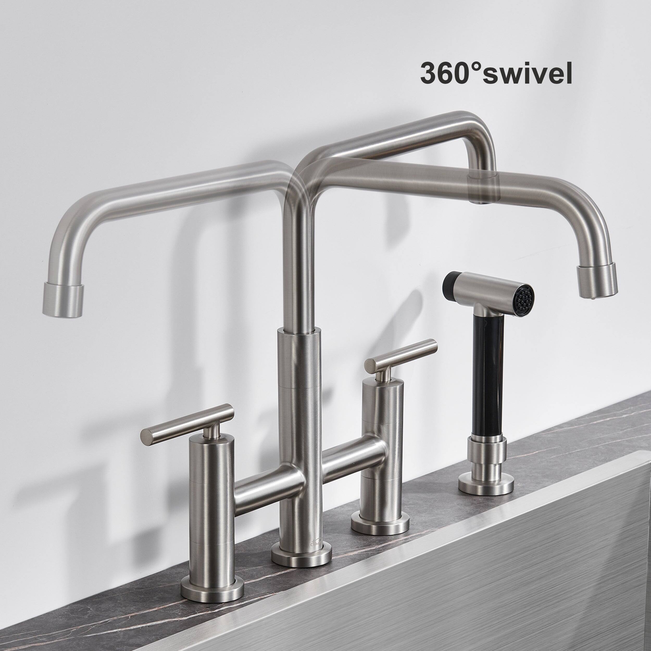 Alt View 5. Boyel Living - Double Handle 360 Degrees Rotation Bridge Kitchen Faucet with Pull-Out Side Sprayer, Ceramic Cartridge - Brushed Nickel.