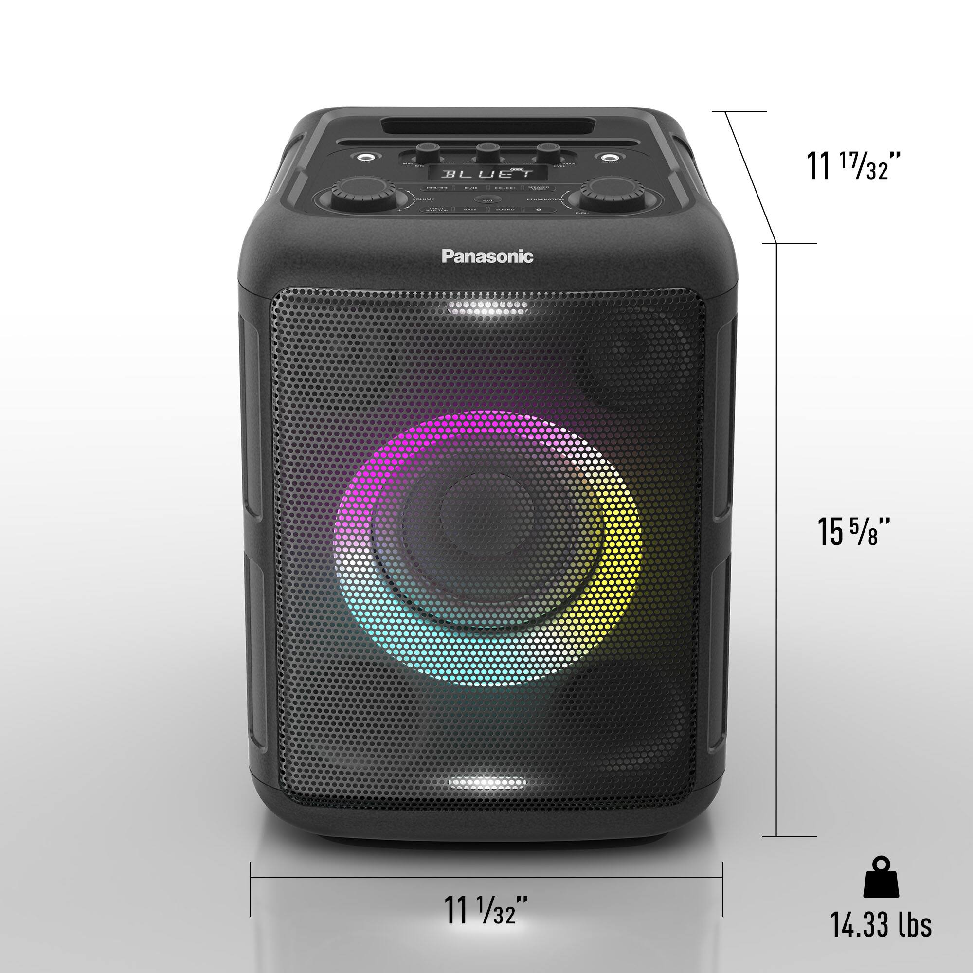 The text on the image reads: "BLUET L 11 17/32" Panasonic O 15 155/8" 11 1/32" 14.33 lbs."