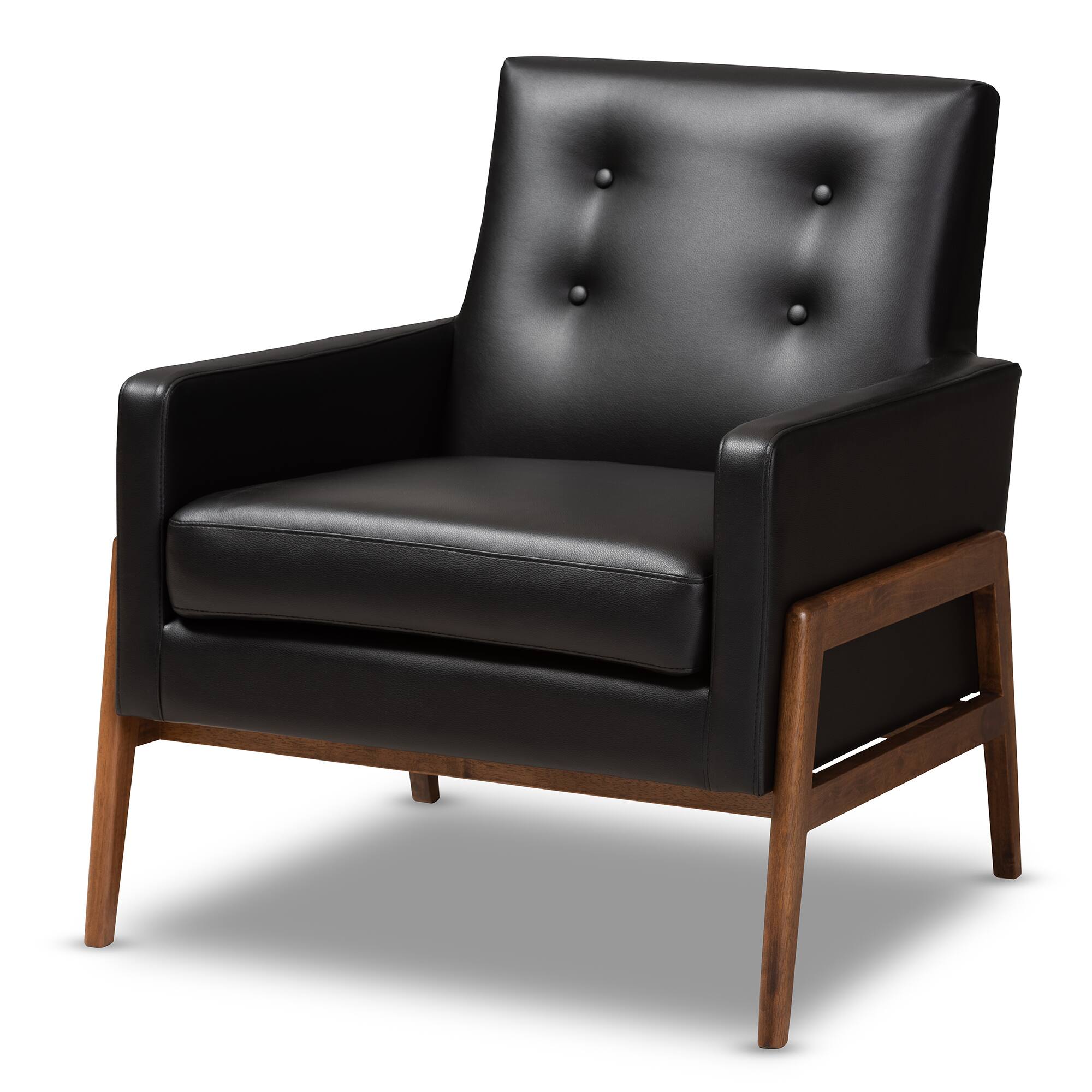 Baxton Studio - Perris Mid-Century Modern Faux Leather Upholstered Walnut Wood Lounge Chair - Black