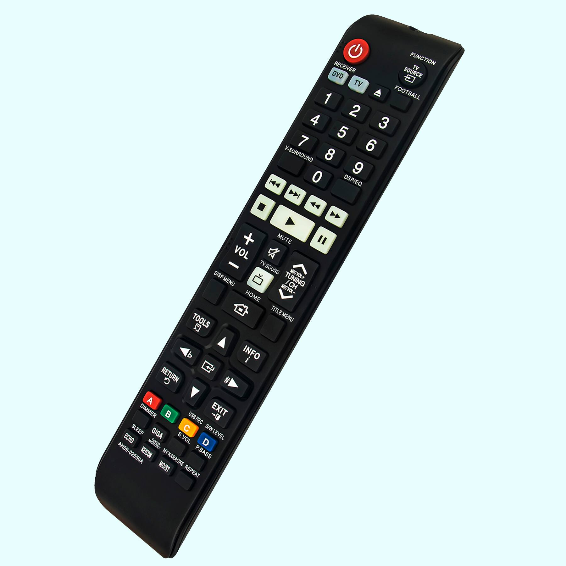 RECEIVER FUNCTION TV DVD SOURCE E TV 1 A FOOTBALL 2 4 3 5 7 6 V-SURROUND 8 9 14 0 OSPIEQ D 44 MUTE " VOL TV DISP SOUND MCVOL DISP MENU MENU TUNING CH MCVOL- HOME TOOLS TITLEMENU INFO i C RETURN G # A DIMMER B -9 EXIT USBREC SLEEP C SWLEVEL S/W ECHO GIGA 5 VOL JOLL AH5S-02550A METCON MY P.BASS MOT MYKARACKE REPEAT