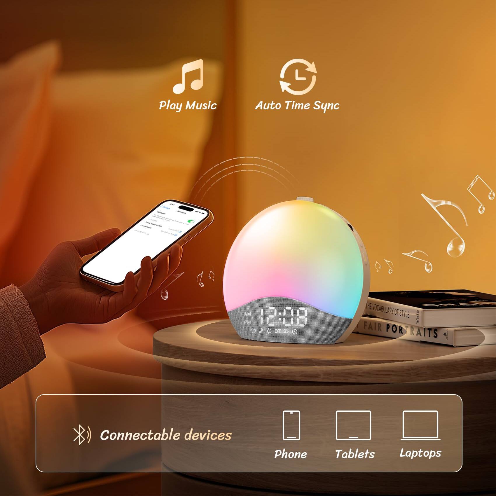 Play Music  
Auto Time Sync  

12:08 AM  
BT  

Connectable devices  
Phone  
Tablets  
Laptops