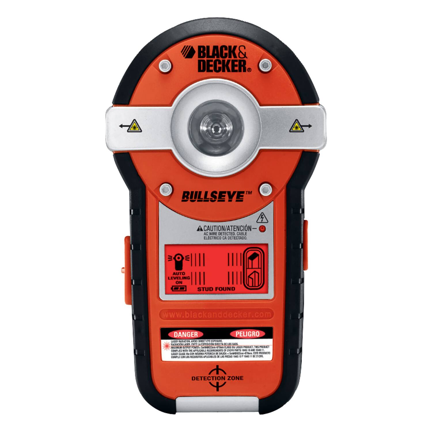 BLACK & DECKER BULLSEYE

CAUTION/ATENCIÓN - AC WIRE DEFECTED CAILE ELECTRICO DETECTADO

AUTO LEVELING INC - STUD FOUND

www.blackanddecker.com

DANGER PELIGRO

DETECTION ZONE