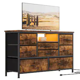Acekool - 8 Drawer Dresser TV Stand for 55" TV, Long Bedroom Dresser with Power Outlets & Adjustable LED Lights - Brown