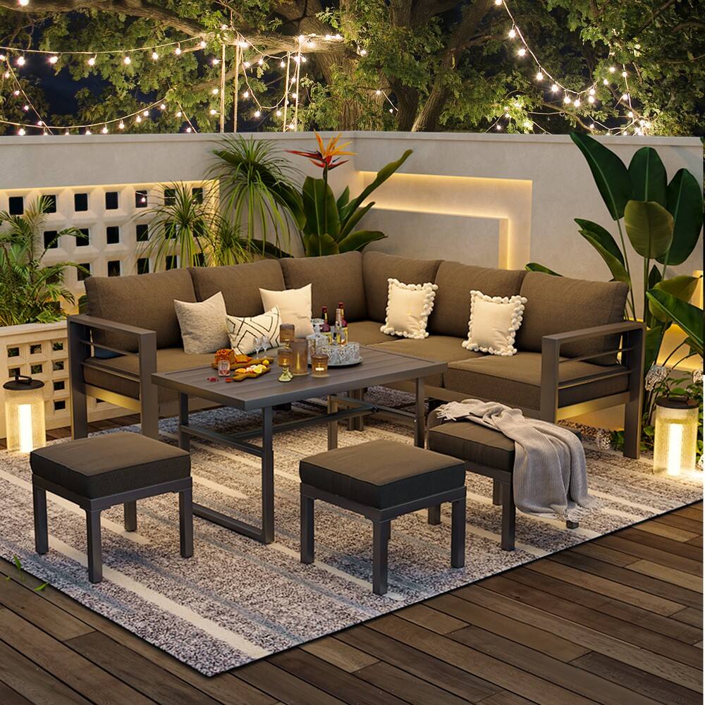 Left. Mondawe - 7-Piece Aluminum Corner Seating Set with Adjustable Lift Table and Cushions - Dark Grey.