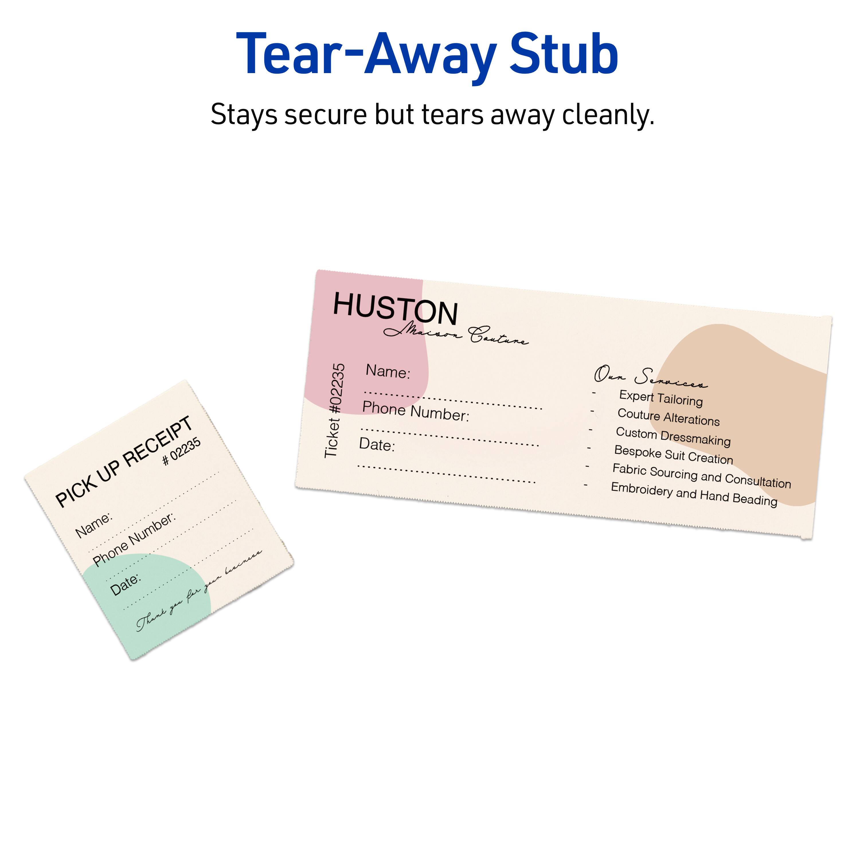 Tear-Away Stub  
Stays secure but tears away cleanly.

RECEIPT # 02235  
PICK UP  
Name:  
Phone Number:  
Date:  

HUSTON  
Macin Cantan  
Ticket #02235  
Name:  
Phone Number:  
Date:  

Our Services  
- Expert Tailoring  
- Couture Alterations  
- Custom Dressmaking  
- Bespoke Suit Creation  
- Fabric Sourcing and Consultation  
- Embroidery and Hand Beading