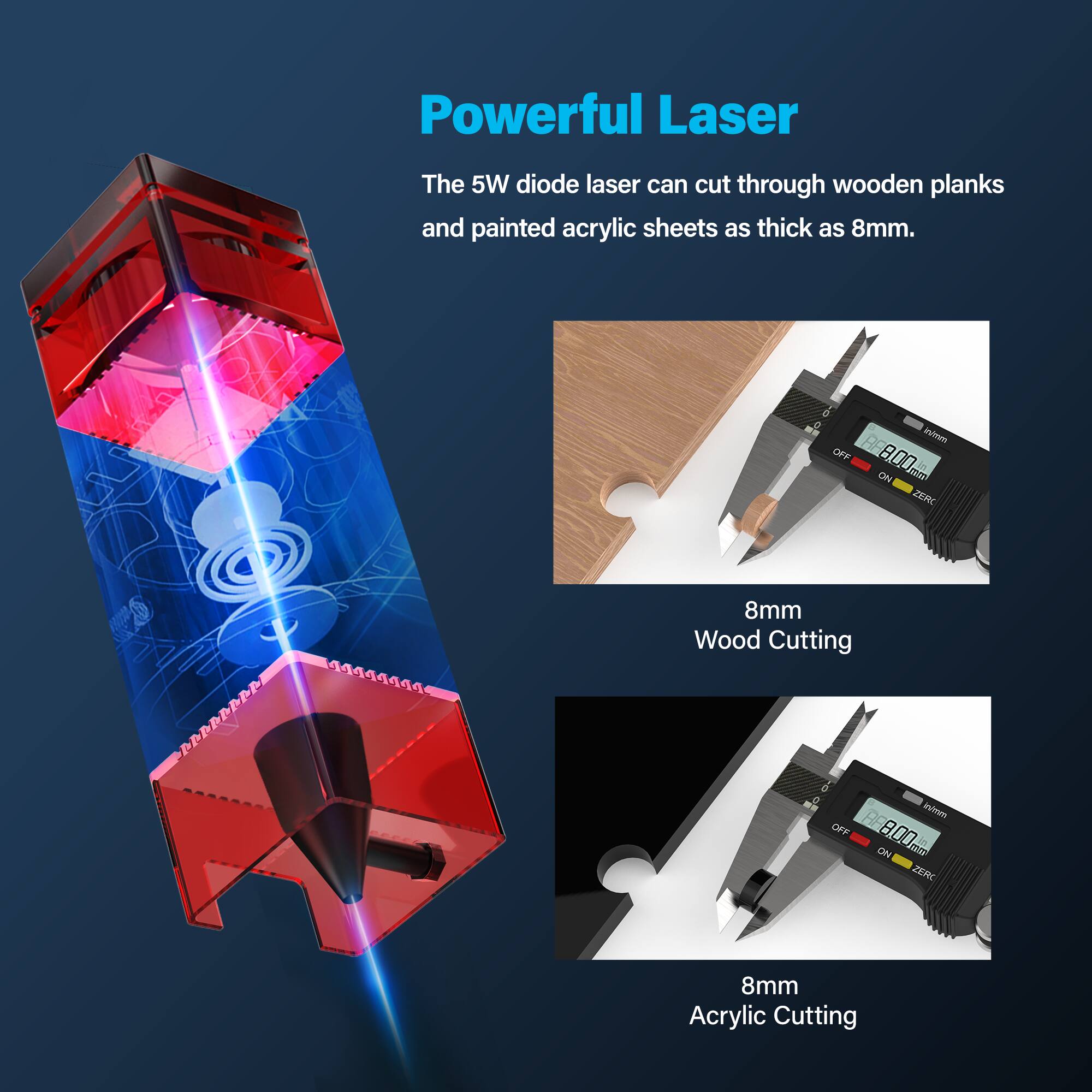 Powerful Laser: The 5W diode laser can cut through wooden planks and painted acrylic sheets as thick as 8mm.