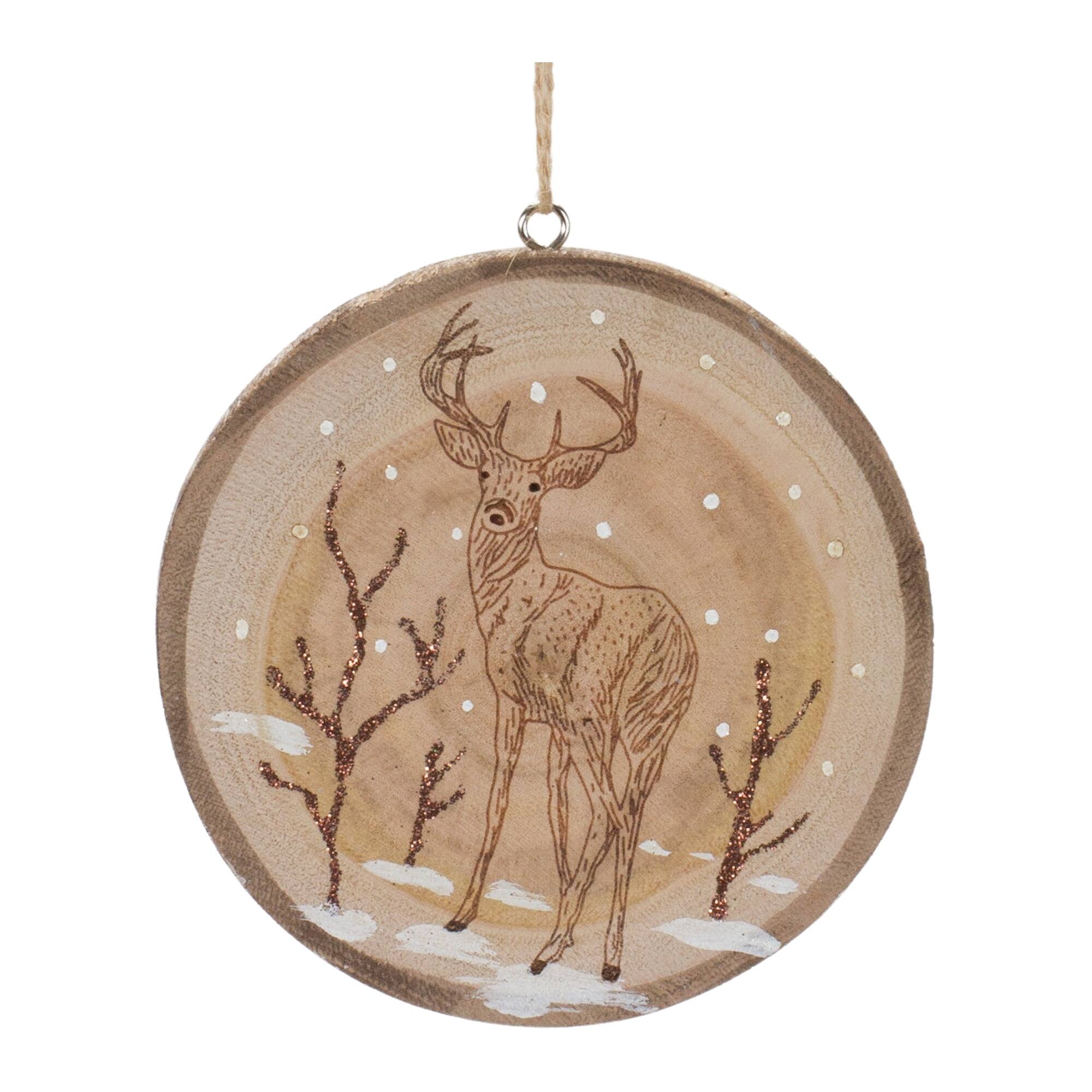 Back. BreeBe - Wood Deer Tree Disc Ornament (Set of 12) - Green, Brown.