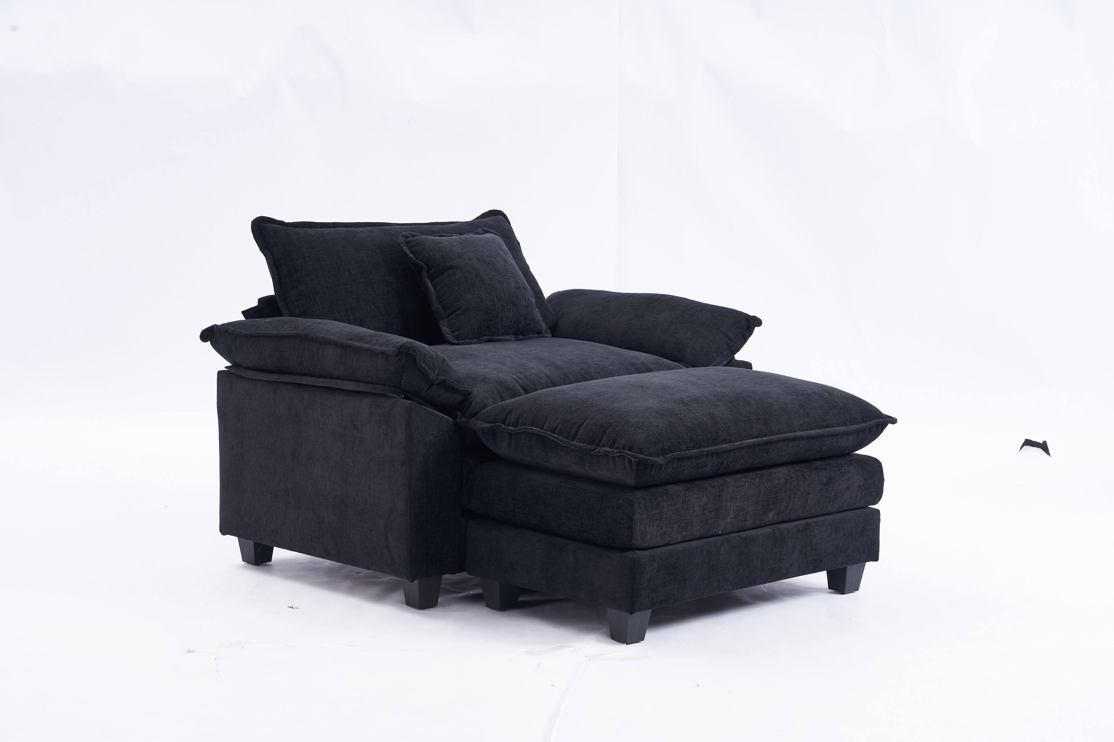 Angle. JUJABU - Black Chenille Modular Single Sofa with Ottoman and Pillow for Living Room - Black.