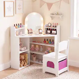 Costway - Corner Kids Vanity with Lights, 3 Storage Shelves, 5 Open Compartments, Accessories - White