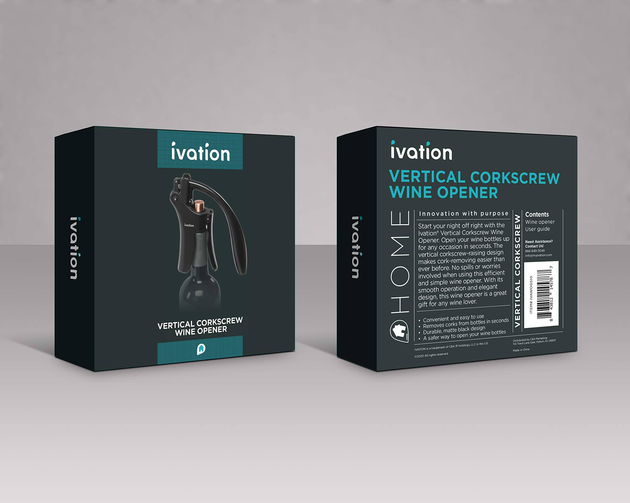 ivation
ivation VERTICAL CORKSCREW WINE OPENER

Innovation with purpose

Contents
Wine opener
Start your night off right with the
Wine User guide
Ivation* Vertical Corkscrew Opener
Open your wine bottles up

Need Assistance?
Contact Us

HOME
makes cork-removing easier than ever before.
The vertical corkscrew-raising design
involved in using this efficient
wine opener. With its smooth operation and elegant
design, this wine opener is a great
gift for any wine lover.

Convenient and easy to use
Removes corks from bottles in seconds
Durable, a safer way to open your wine bottles

2020