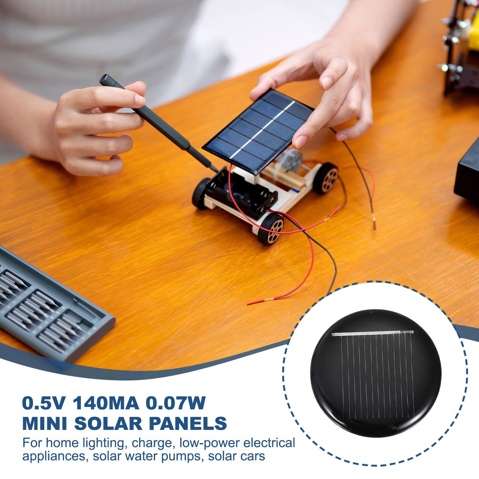 0.5V 140MA 0.07W MINI SOLAR PANELS

For home lighting, charge, low-power electrical appliances, solar water pumps, solar cars