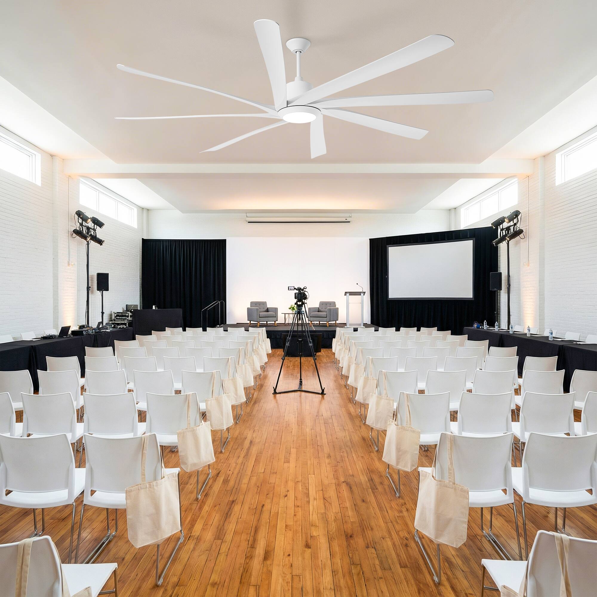 Left. Parrot Uncle - 100'' White Downrod Mount LED Ceiling Fan with Remote and 8 ABS Blades - White.