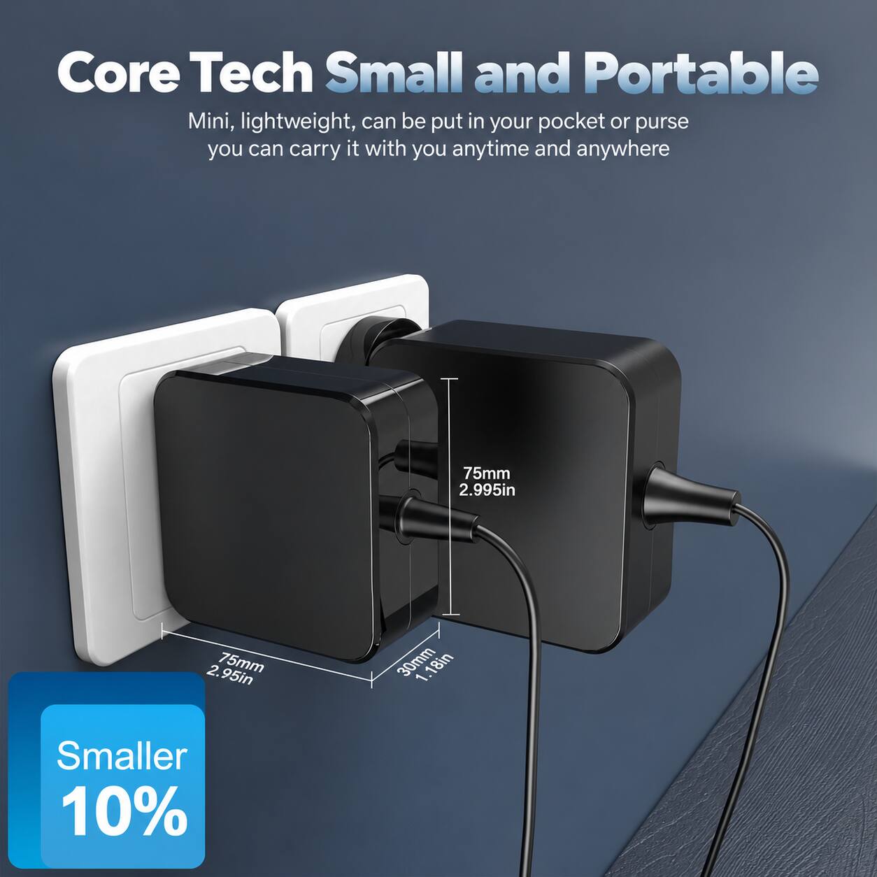 Core Tech Small and Portable  
Mini, lightweight, can be put in your pocket or purse you can carry it with you anytime and anywhere  

75mm 2.995in  
2.95in 75mm  
30mm 1.18in  
Smaller 10%