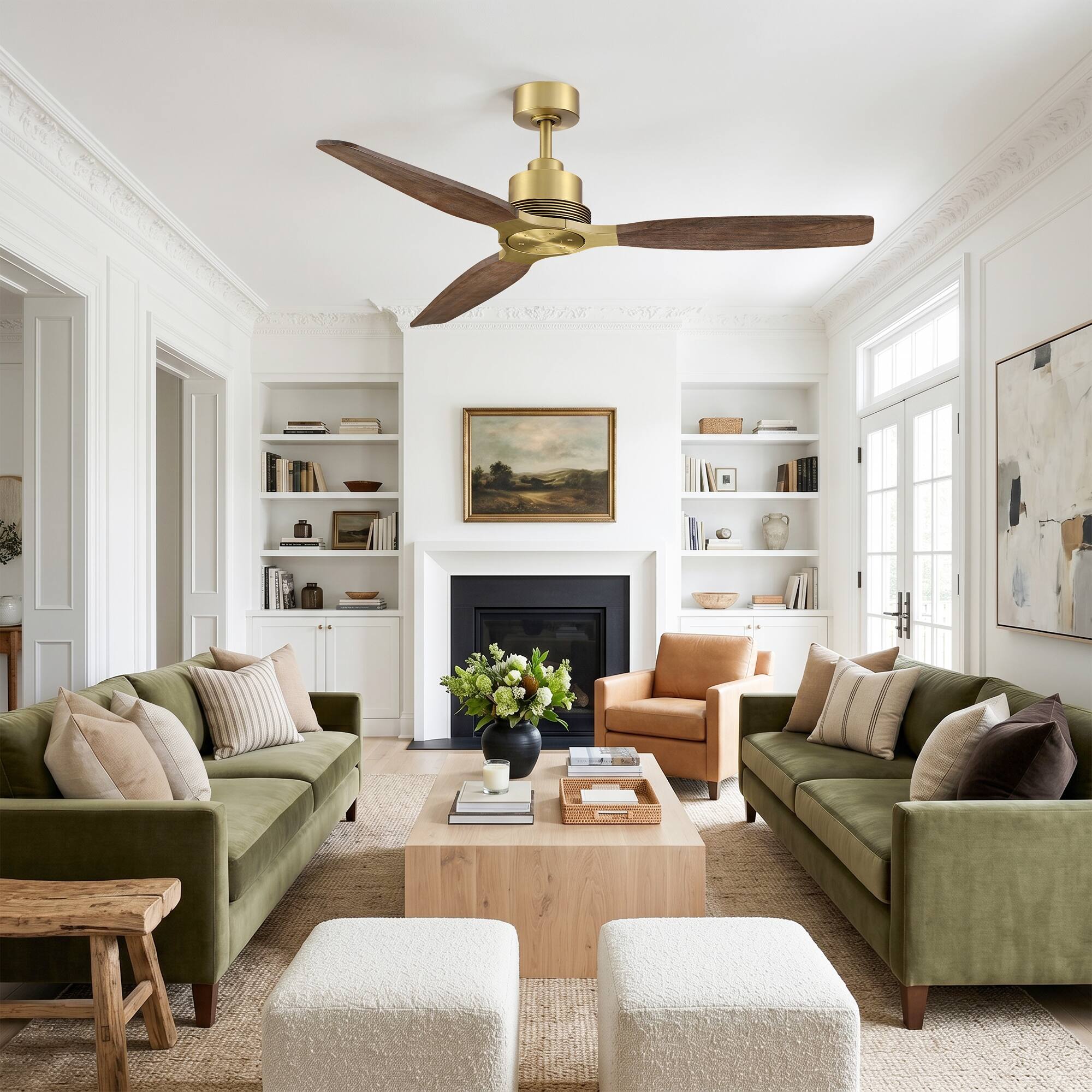 Angle. Parrot Uncle - 56" Mid-Century 3-Blade Solid Wood Lightweight Ceiling Fan with 6-Speed DC Motor and Remote, No Light - Vintage Brass.