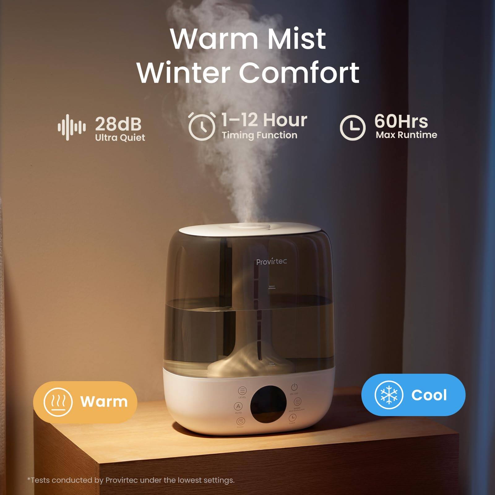 Warm Mist Winter Comfort  
28dB Ultra Quiet  
1-12 Hour Timing Function  
60Hrs Max Runtime  
Provirtec 1 Warm - A - Cool  
*Tests conducted by Provirtec under the lowest settings.