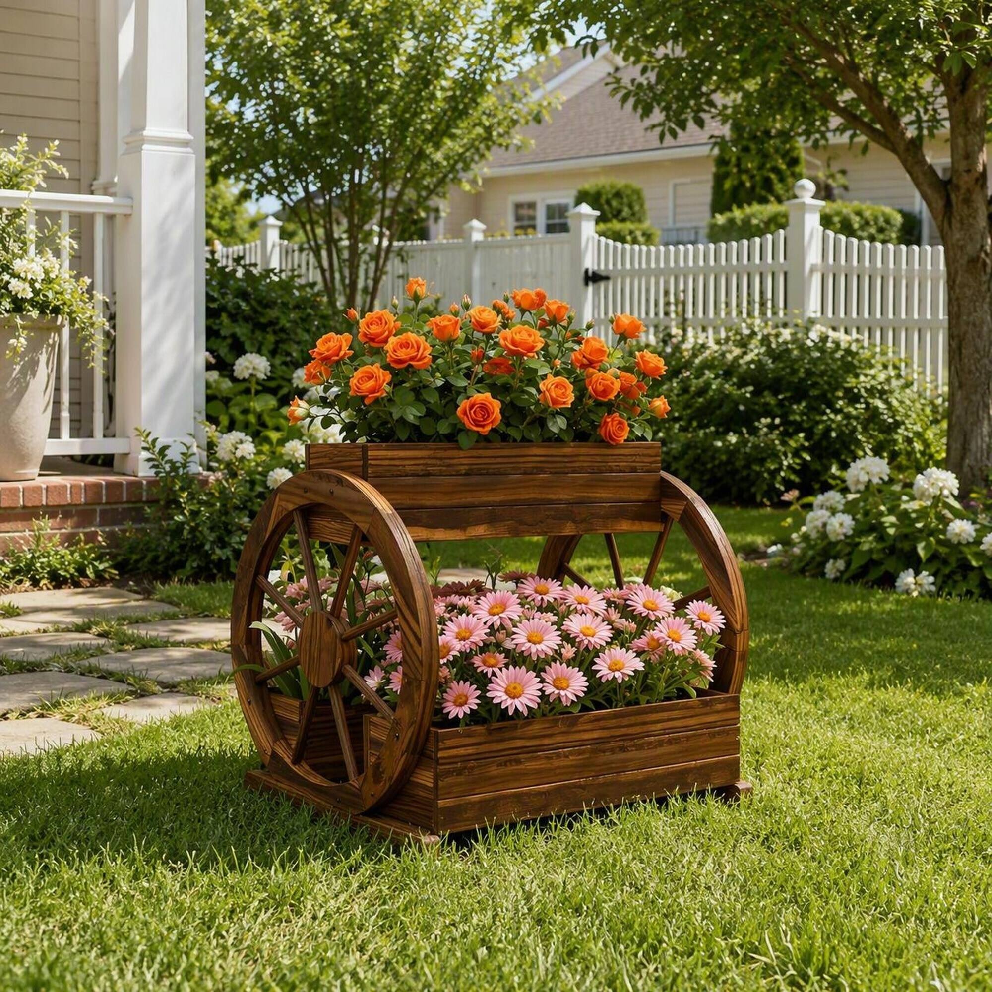 Alt View 1. RYHNUYNE - 3-Tier Wooden Wagon Planter with Decorative Wheels for Vegetables Flowers Herbs, Carbonized Fir Raised Garden Bed - Black+Brown.