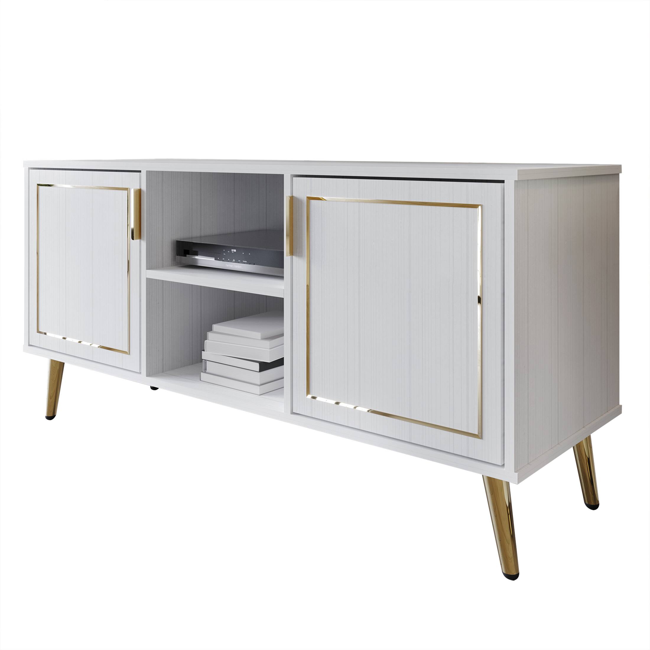 Alt View 1. ChaletPosh - Modern Wooden TV Stand Console with Gold Accent Strip, White - White.